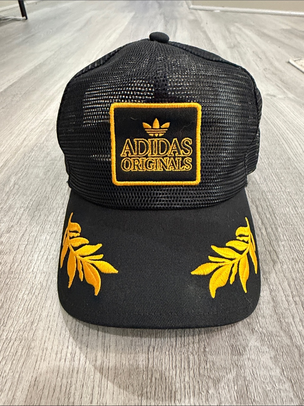 adidas Originals Black and Gold Embroidered Mesh Trucker Hat